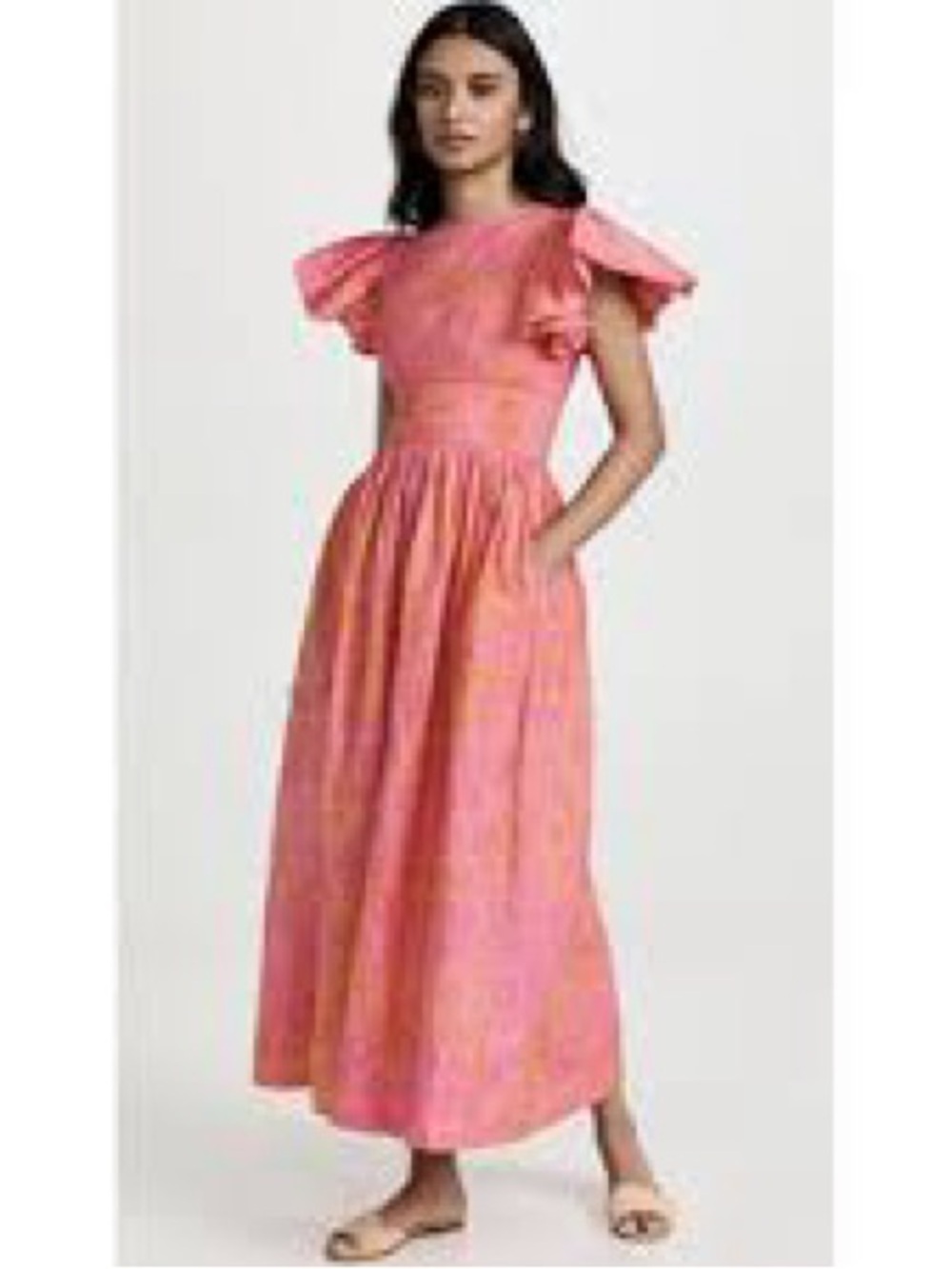 SIKA Pink Orange Printed Flutter Puff Sleeve Maxi Dress